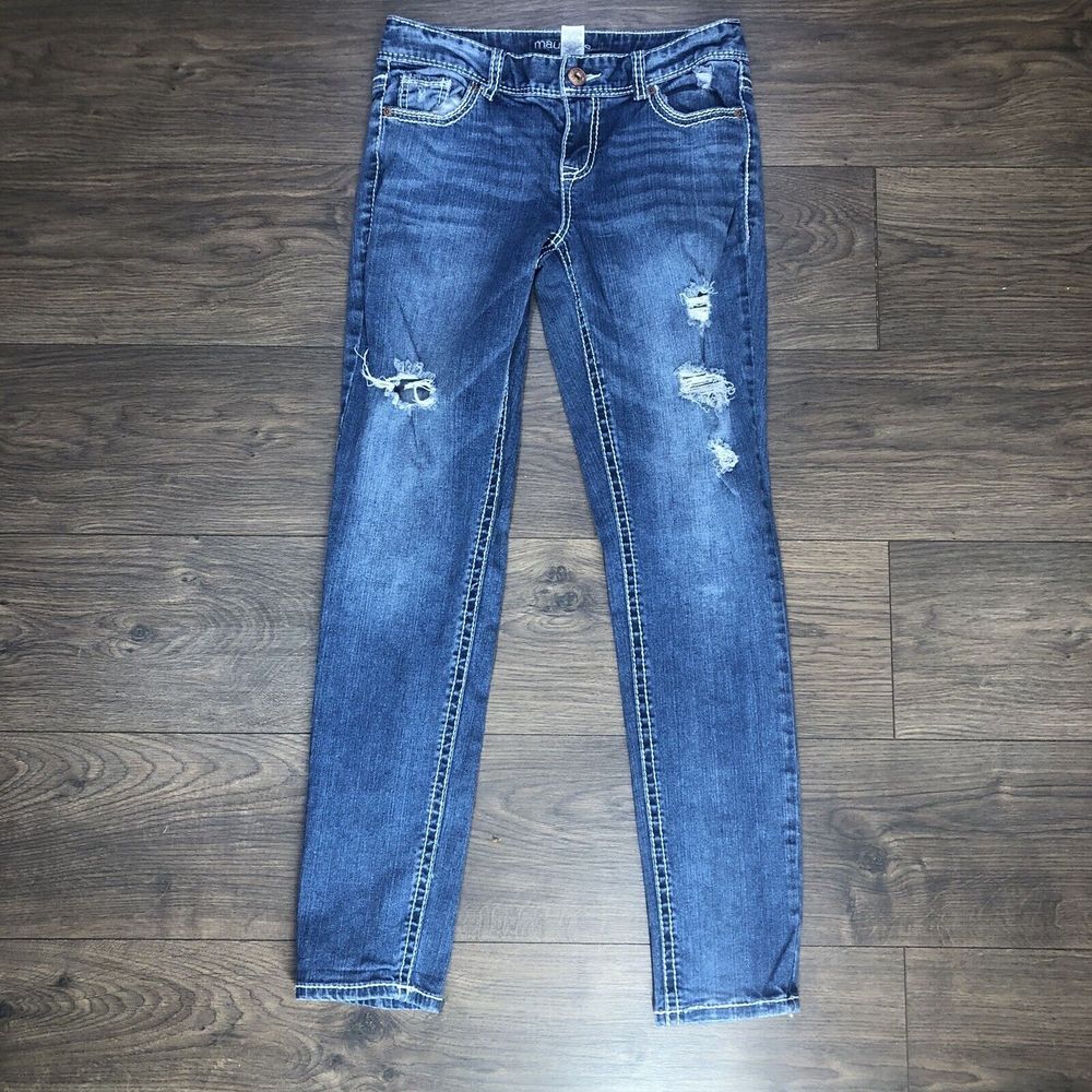 Maurices Denim Jeans Jeggings Distressed  Patch BOHO 3 Long Stretch - Picture 14 of 14